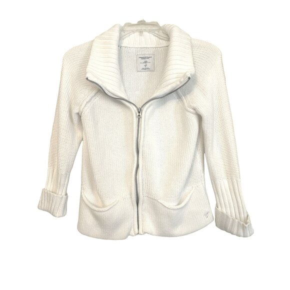 American Eagle Outfitters White Cotton Knit Zip Sweater With High Collar Pockets - Picture 9 of 13